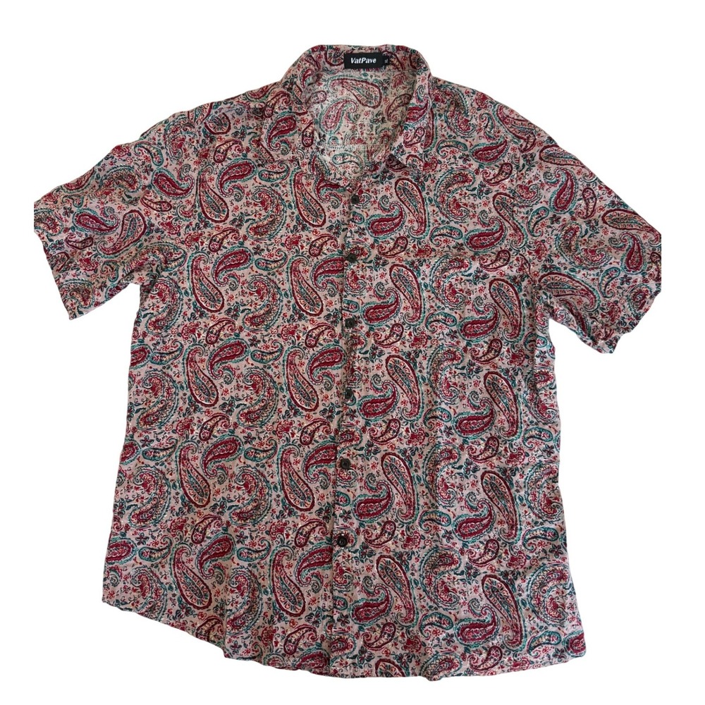 VatPave Mens Paisley Button Up Shirt XL Red Beach Resort Festival Boho Casual